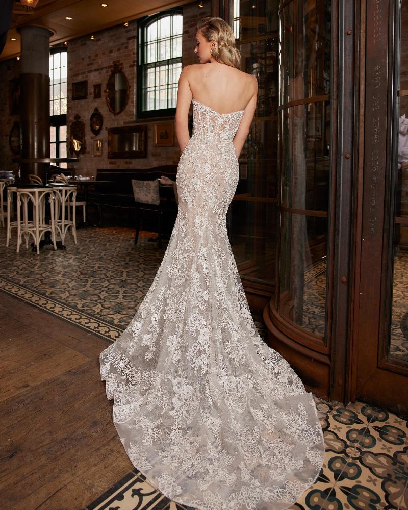La22236 lace sheath wedding dress with a cape and strapless sweetheart neckline7